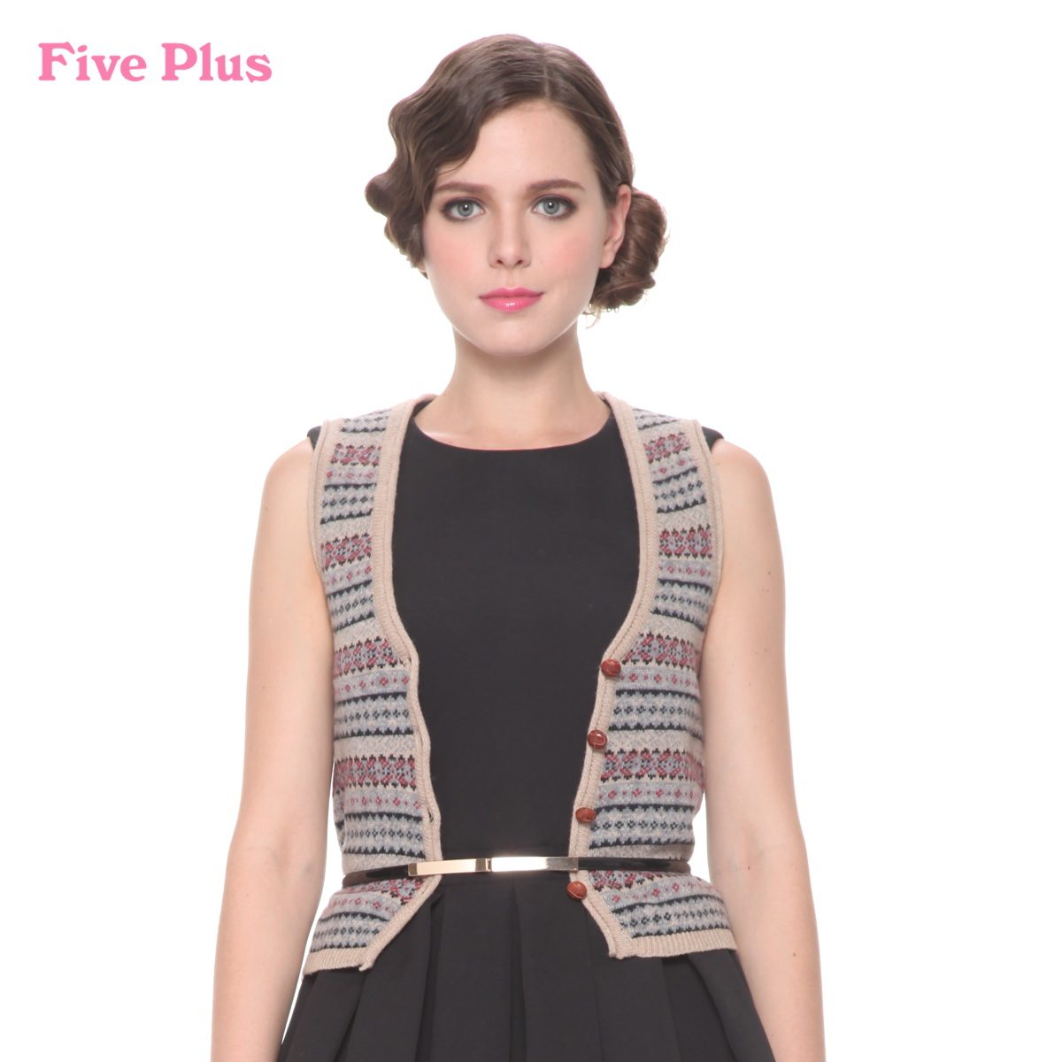 <em>Five Plus</em>新女<em>冬装</em>条纹图案V领修身羊毛毛衣马