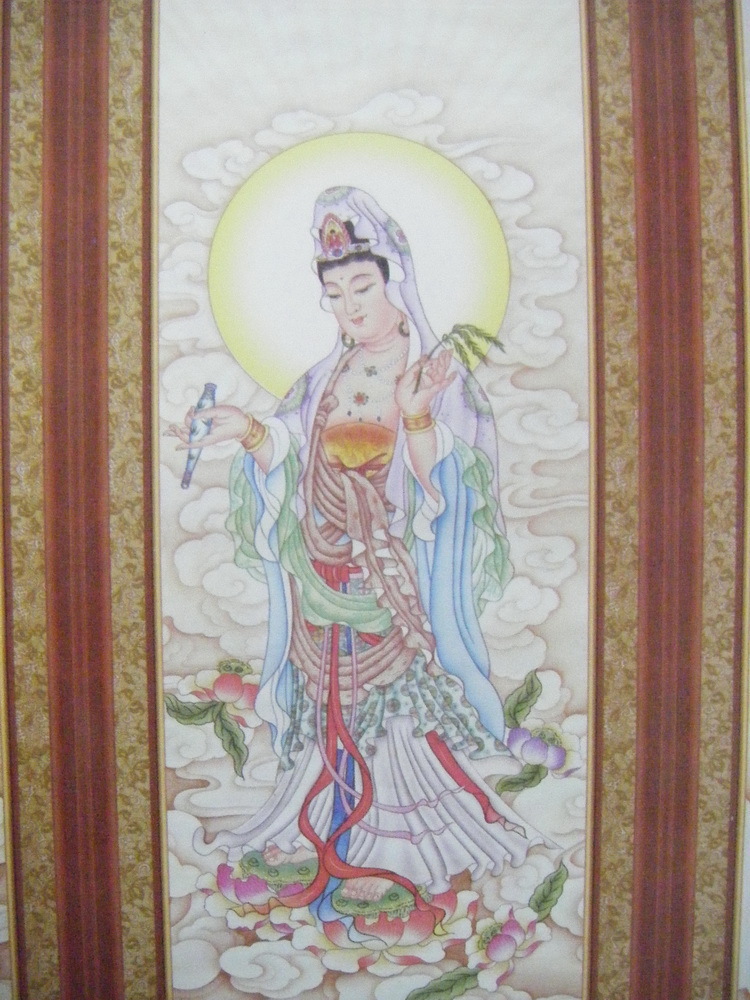 台湾手工绸布画精品西方三圣画像观音菩萨画像滴水观音手工画菩萨