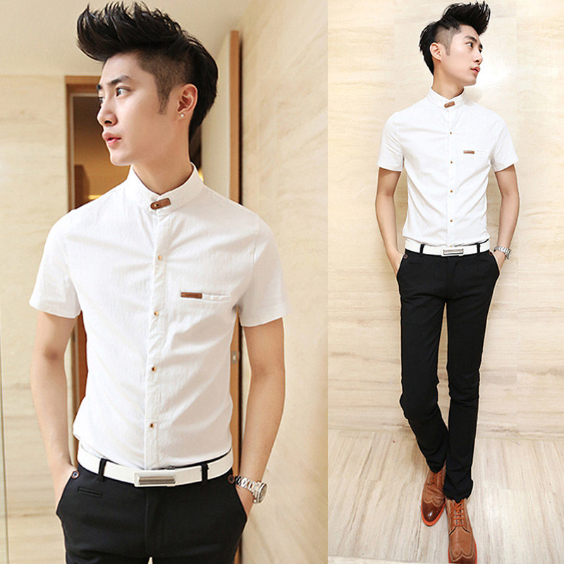 香港代购<em>夏季发型师</em>时尚<em>服装</em>立领衬衫男韩版短