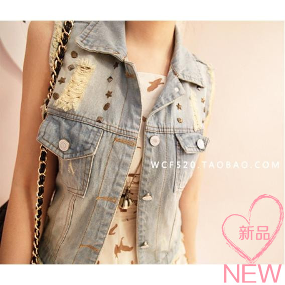 韩版潮修身骷髅头牛仔马甲女款夏季破洞柳丁时