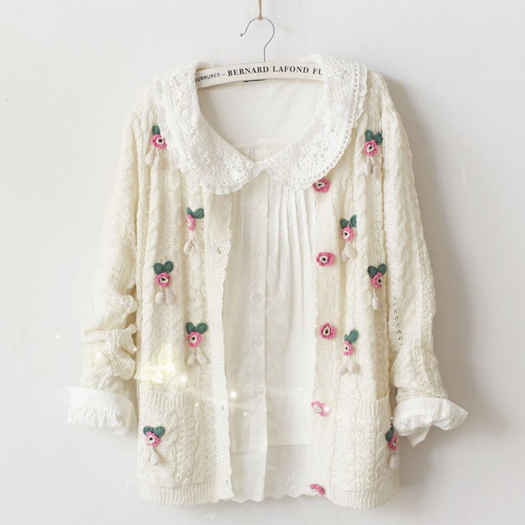 森女系清新甜美可爱绣花<em>镂空</em>毛衣<em>开衫外套文艺</em>