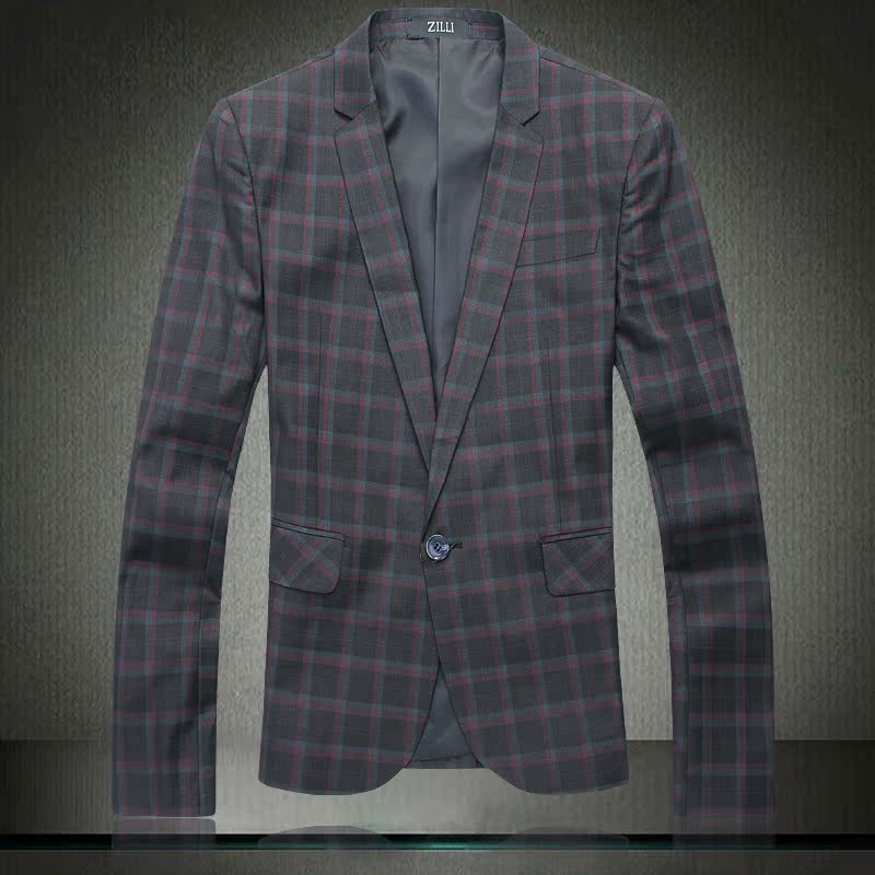 精品2014秋冬男士西服韩版休闲免烫格子小西装男英伦修身西服男装
