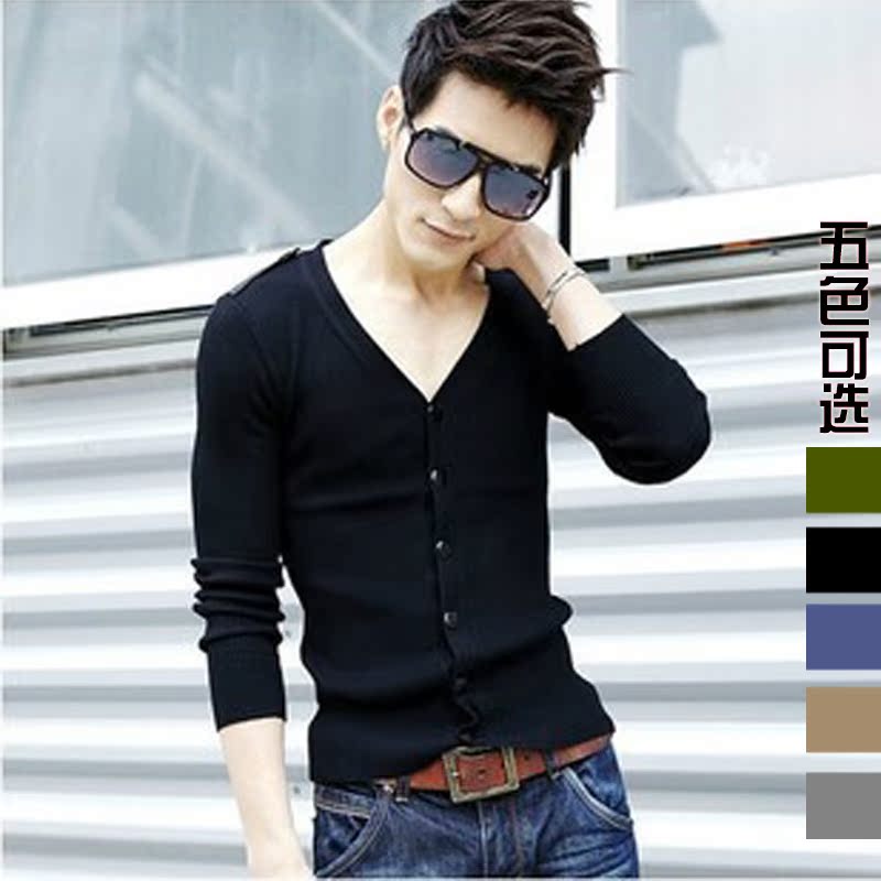 男装秋装韩版V领修身毛衣男生英伦针织衫开衫