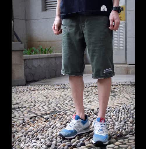 余文乐2014新款<em>工装</em>刺绣<em>英文</em>男装休闲布<em>短裤</em>