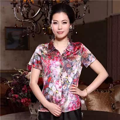 <em>杭州</em>桑蚕丝绸上衣时尚<em>女衬衫</em>正品原创中年短袖