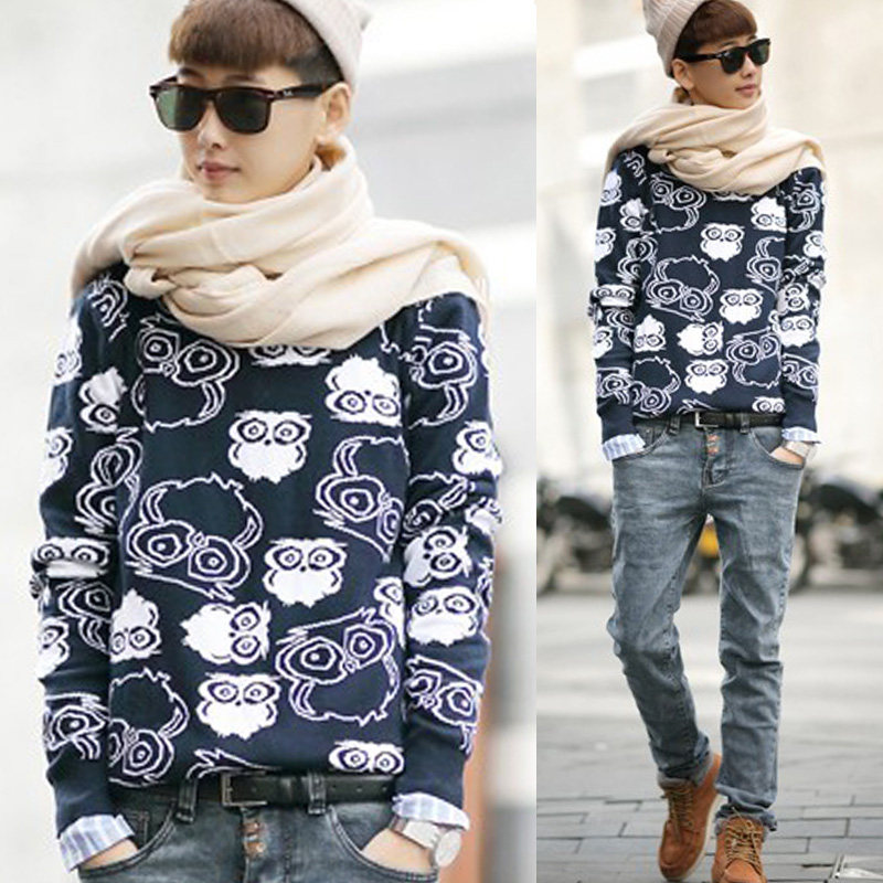 日系<em>猫头鹰图案</em>提花<em>毛衣</em>男潮针织衫秋冬新款男