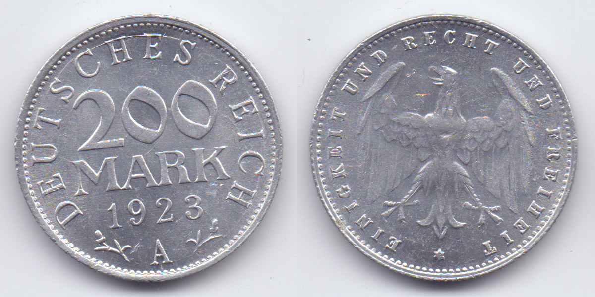 德国魏玛共和国时期1923年200马克铝币一枚|