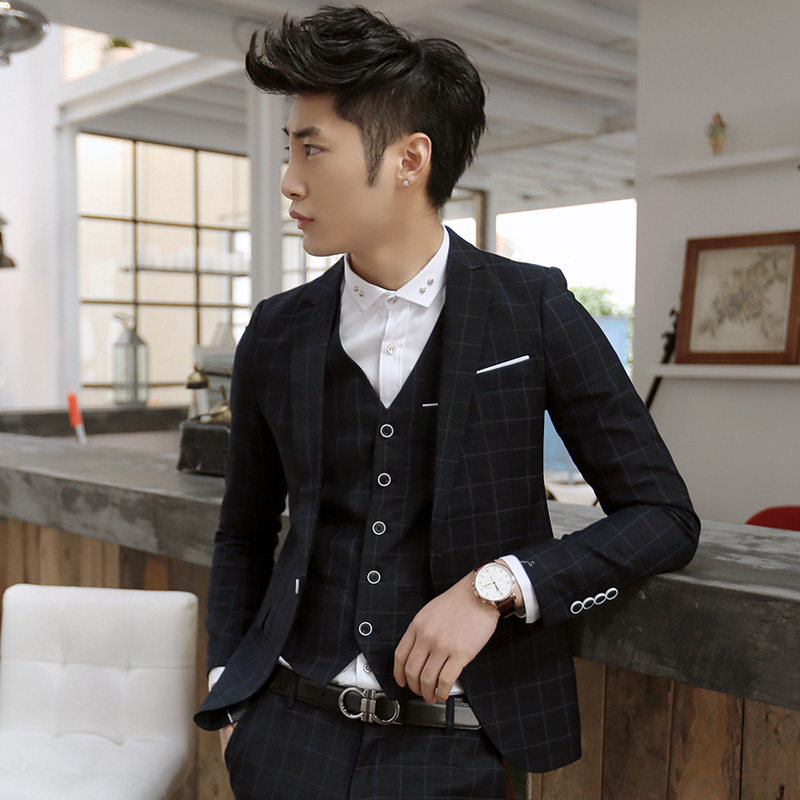 新款潮男酒吧<em>韩版</em>修身<em>男士</em>格子西服<em>马甲</em>裤子三
