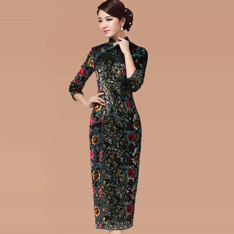 2014新款高档金丝绒旗袍裙修身长款改良中长