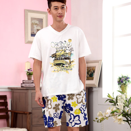 男士睡衣夏季纯棉沙滩服睡衣短袖短裤休闲加肥