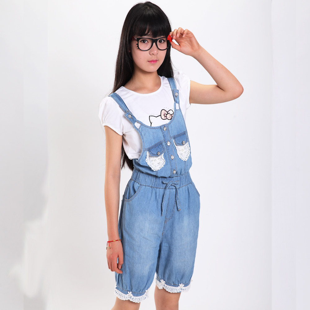 <em>女童牛仔</em>背带裤<em>吊带短裤</em>少女装中大童女装儿童