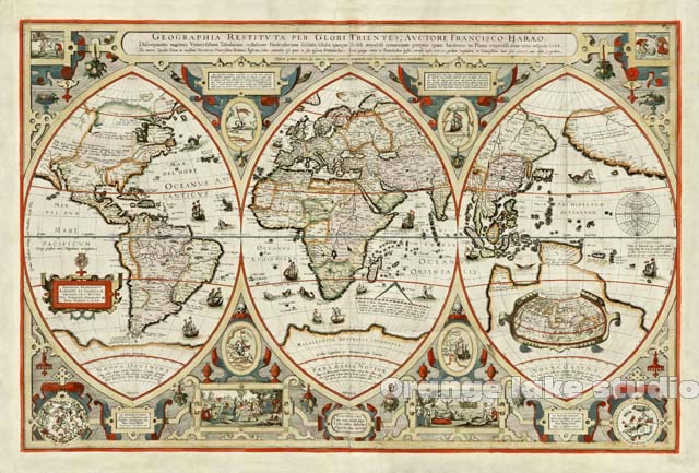 1618年古世界地图 罕见的三叶形投影 探索 地理大发现