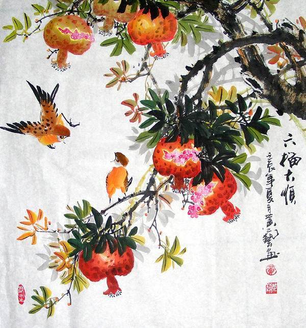 古砚堂|名家国画字画 六榴大顺|斗方石榴花鸟作品|居家收藏|真迹