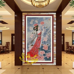 高端纯棉竖版大幅玄关人物精美绣画牡丹仙子图