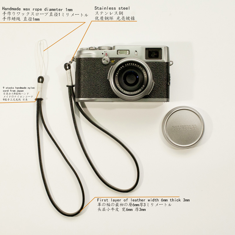 黑皮白线真皮手工相机手腕带挂绳富士佳能尼康