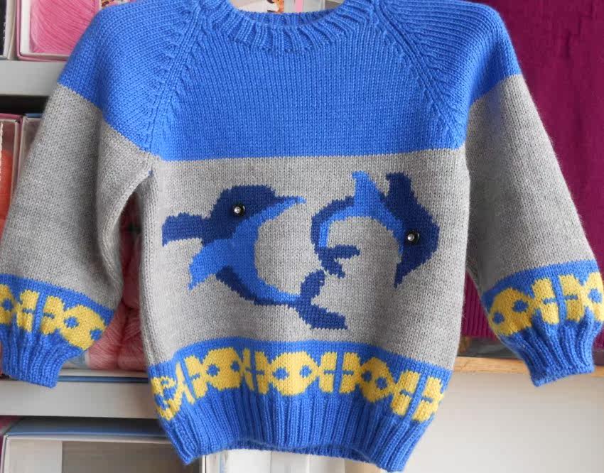 纯手工<em>编织</em>1-<em>2岁</em>儿童<em>毛衣</em>海豚图案<em>婴儿毛衣宝</em>