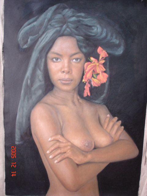 现货非州<em>风情之女</em>人体油画红花黑头巾妇女61