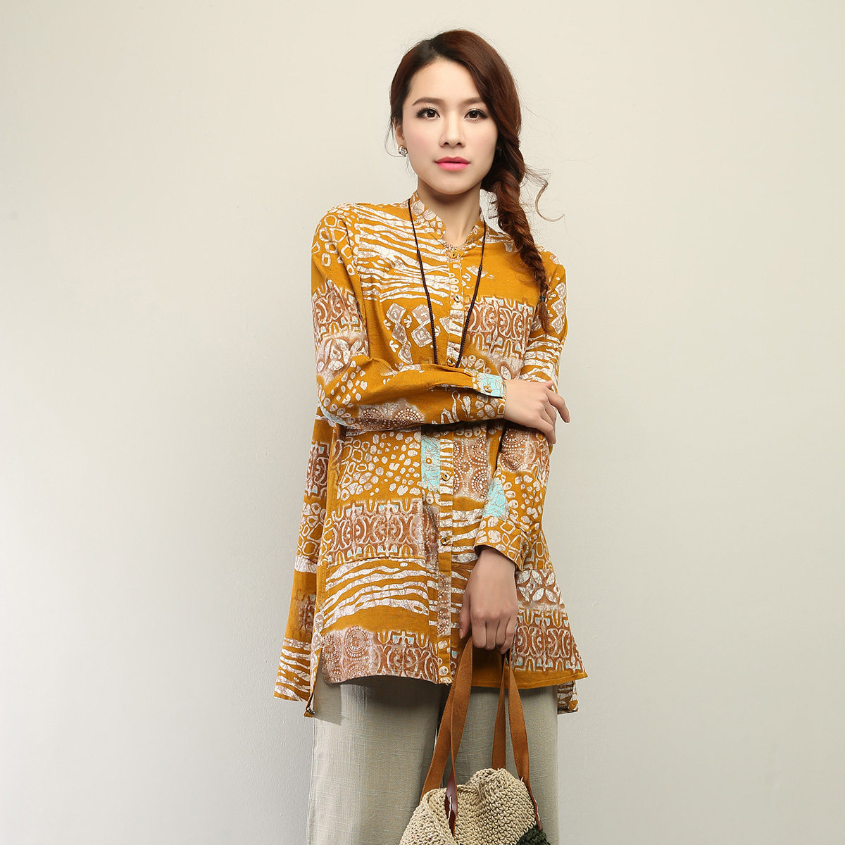 <em>民族风</em>大码<em>女装棉麻</em>衬衣印花长款衬衫长袖亚麻