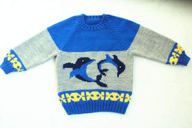 纯手工编织1-2岁儿童<em>毛衣</em>海豚<em>图案</em>婴儿<em>毛衣</em>宝