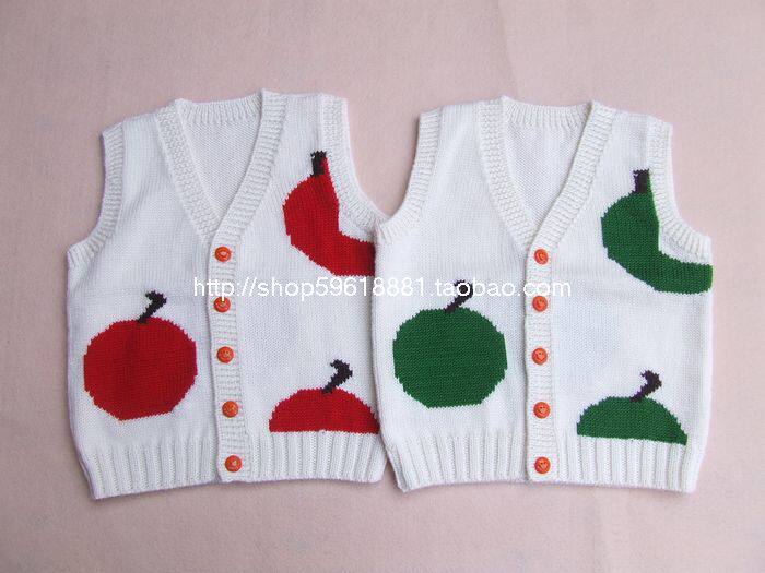 1998#手工<em>编织</em>婴儿纯羊毛背心<em>苹果图案</em>白色宝