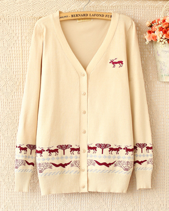 小鹿图案V领长袖<em>针织衫女开衫春秋</em>装学生百搭