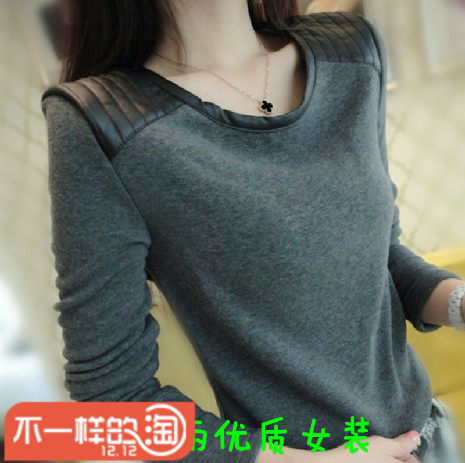 包邮2013秋冬韩版女拼皮<em>加绒打底</em>衫<em>长款</em>T恤裙