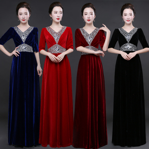2017款中长袖大合唱演出服女长裙成人晚礼服