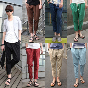 夏装潮韩版哈伦小脚<em>马裤</em>情侣装棉麻裤亚麻裤9