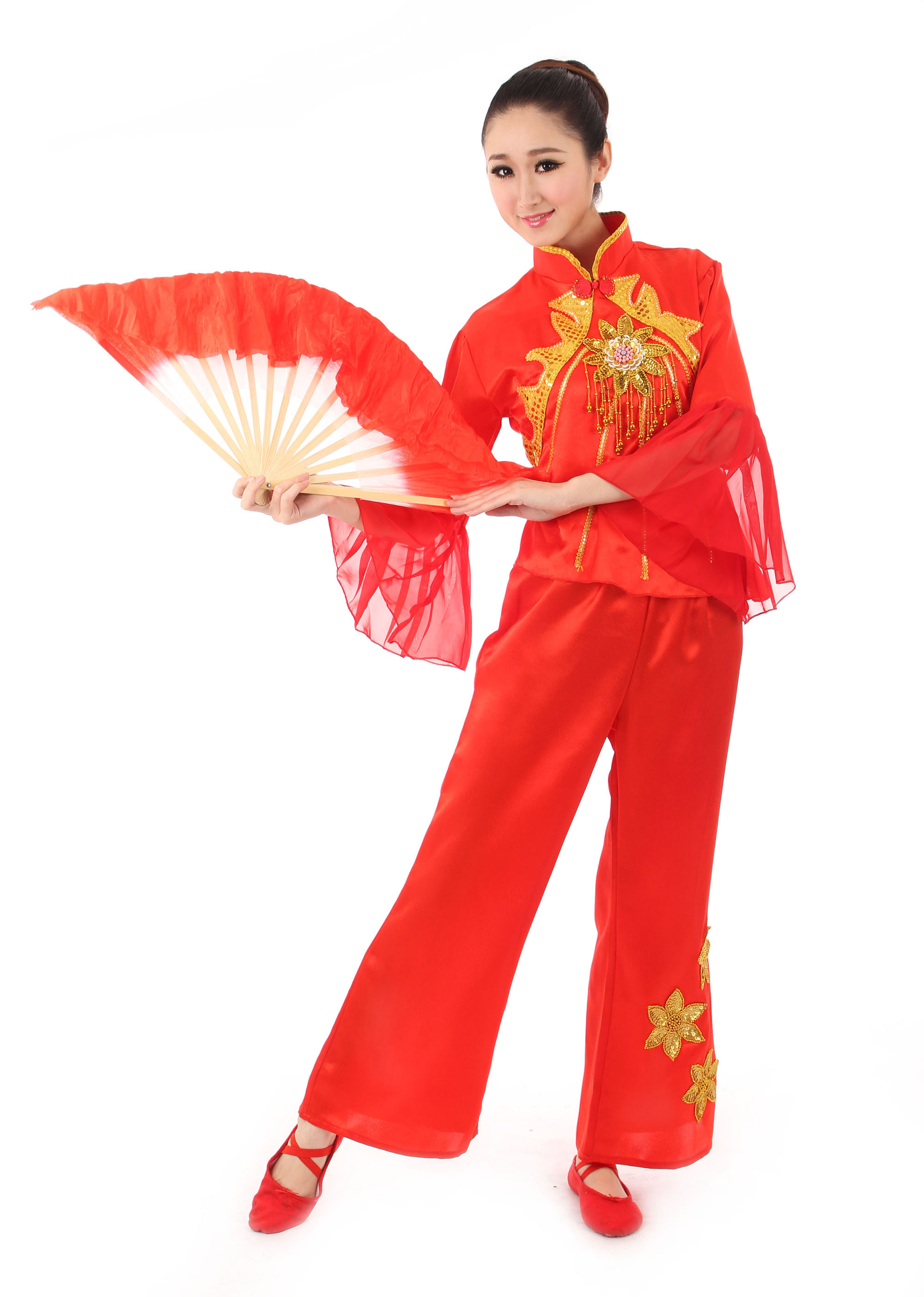 新款民族演出服扇子舞台服民族舞蹈服装秧歌服秧歌舞服装腰鼓服
