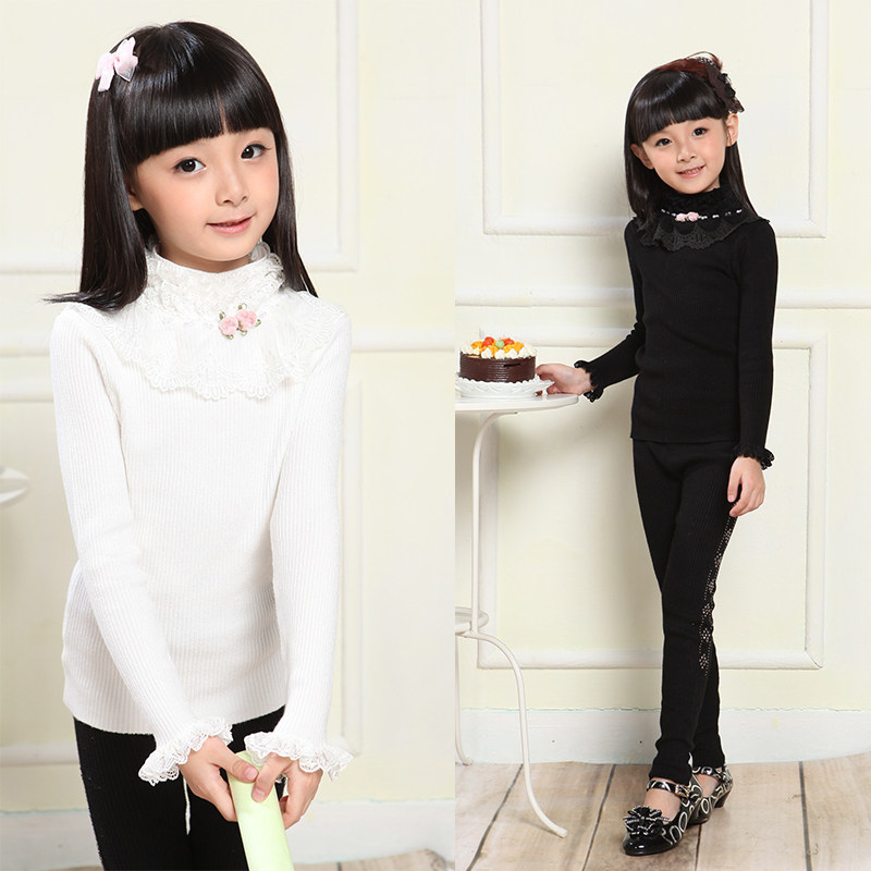 大童女装长袖白色蕾丝<em>女童</em>黑色<em>打底衫</em>新款20