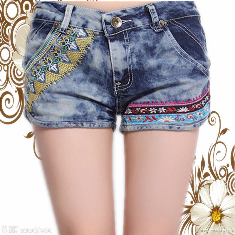 2014<em>云南</em>民族风夏 撞色<em>绣花</em> 牛仔裤<em>短裤</em>女 符信