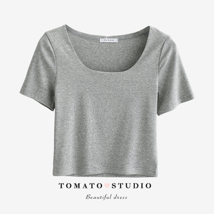tomatoshop优雅天鹅颈小方领弹力修身短款t恤女短袖2023春夏