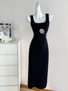黑色重工刺绣针织连衣裙女夏季长裙法式高端精致气质吊带礼服裙子