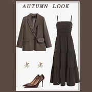 大码女装秋季套装女2022复古长袖外套吊带收腰连衣裙两件套潮