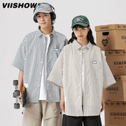 VIISHOW潮牌日系条纹短袖衬衫男2023夏季情侣宽松百搭上衣服外套