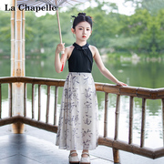 拉夏贝尔女童汉服连衣裙女孩2023中国风套裙儿童夏季水墨裙子