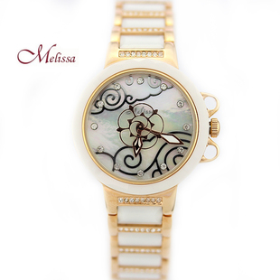 玛丽莎品牌女士表水晶表，时尚潮流陶瓷，表雕花陶瓷气质手表