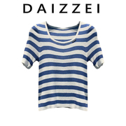 DAIZZEI~条纹针织衫女2023夏季蓝白海军风U领短袖薄款T恤上衣