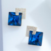 网红时尚大气蓝色方形水晶耳钉S925银针耳环个性耳饰女