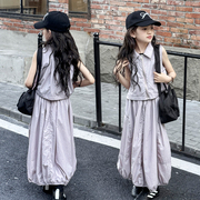女童韩版套装女孩港风气质翻领，无袖上衣大长裙，潮名媛洋气马甲