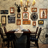 美式复古照片墙装饰创意鹿头，相框墙带钟表，组合餐厅背景相片墙挂饰