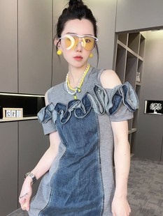 rrfashion牛仔连衣裙，女2024夏季拼接木耳边露肩，圆领裙子