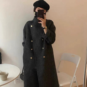 简约深灰色毛呢外套女冬季2024新款时尚双排扣过膝中长款呢子大衣
