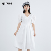 gcrues白色v领连衣裙，甜美2024中长款短袖法式仙女，裙子夏季女