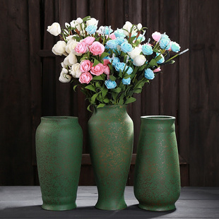 复古绿色中式陶瓷花瓶做旧仿古陶罐花瓶客厅，玄关插v花干燥花花器