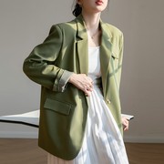 安如绿色西装外套女春秋2024高级感韩版英伦风宽松小个子西服