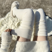 奶白色加绒过膝长筒袜子，秋冬季加厚保暖羊毛大腿袜套女加长堆堆袜