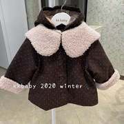 kkbaby韩国童装20冬女童洋气时尚羊羔毛拼接加绒连帽呢大衣外套