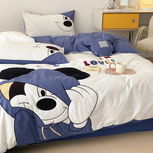 迪士尼卡通米奇刺绣全棉水洗棉四件套纯棉被套床单床上用品三件套