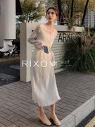 RIXO EXIT法式温柔风蕾丝V领名媛显瘦套装长袖上衣半身裙女两件套
